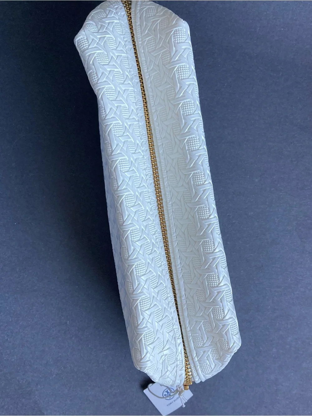 Tory Burch Woven Textured White Faux Leather Cosmetics/Toiletries Zip Pouch Bag